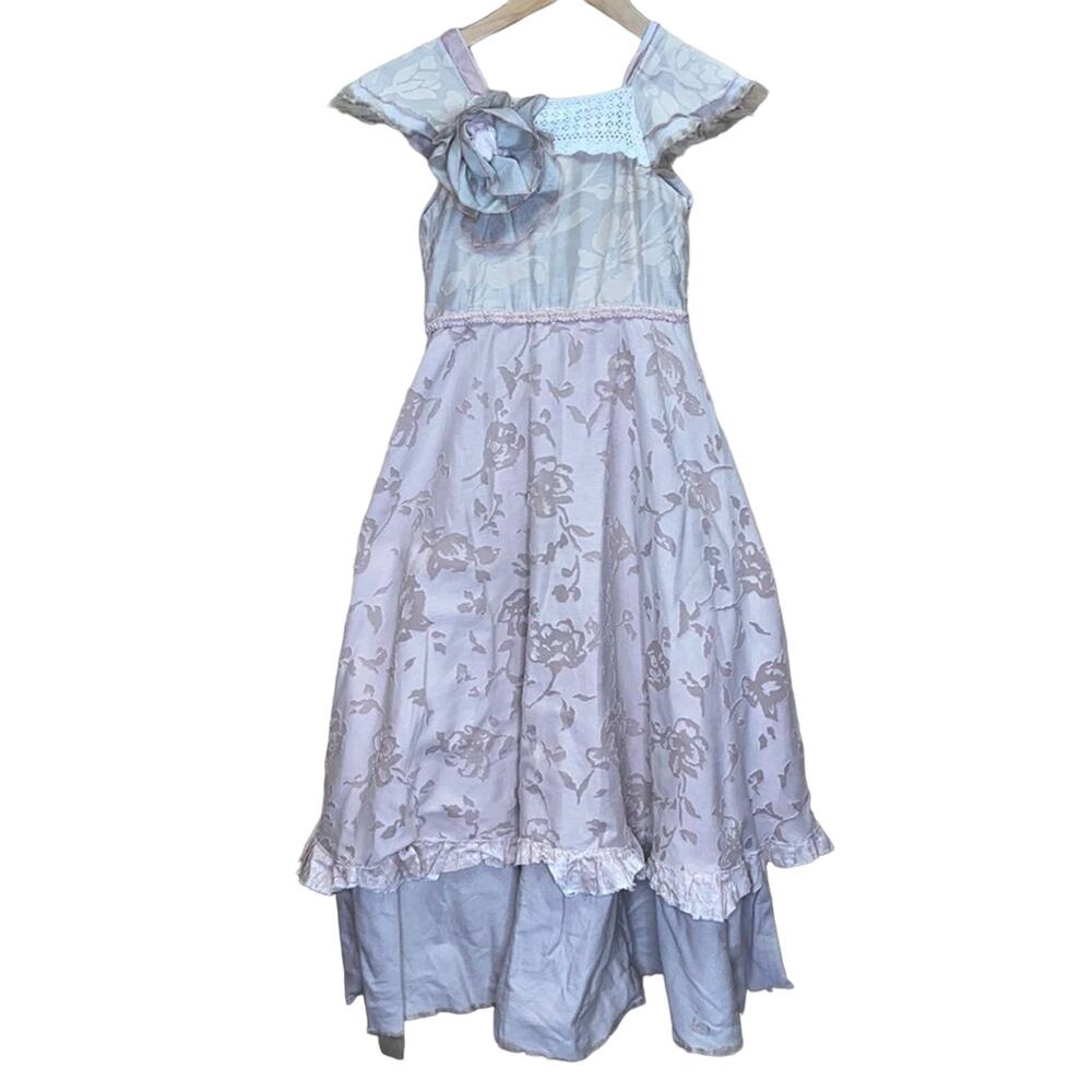 Handmade Prairie Renaissance Peasant Floral Ruffle Lace Tie Back Girls Dress 5/6